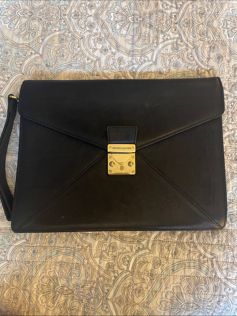 Valentino Garavani Black Leather Envelope Clutch with Gold Lock Hardware